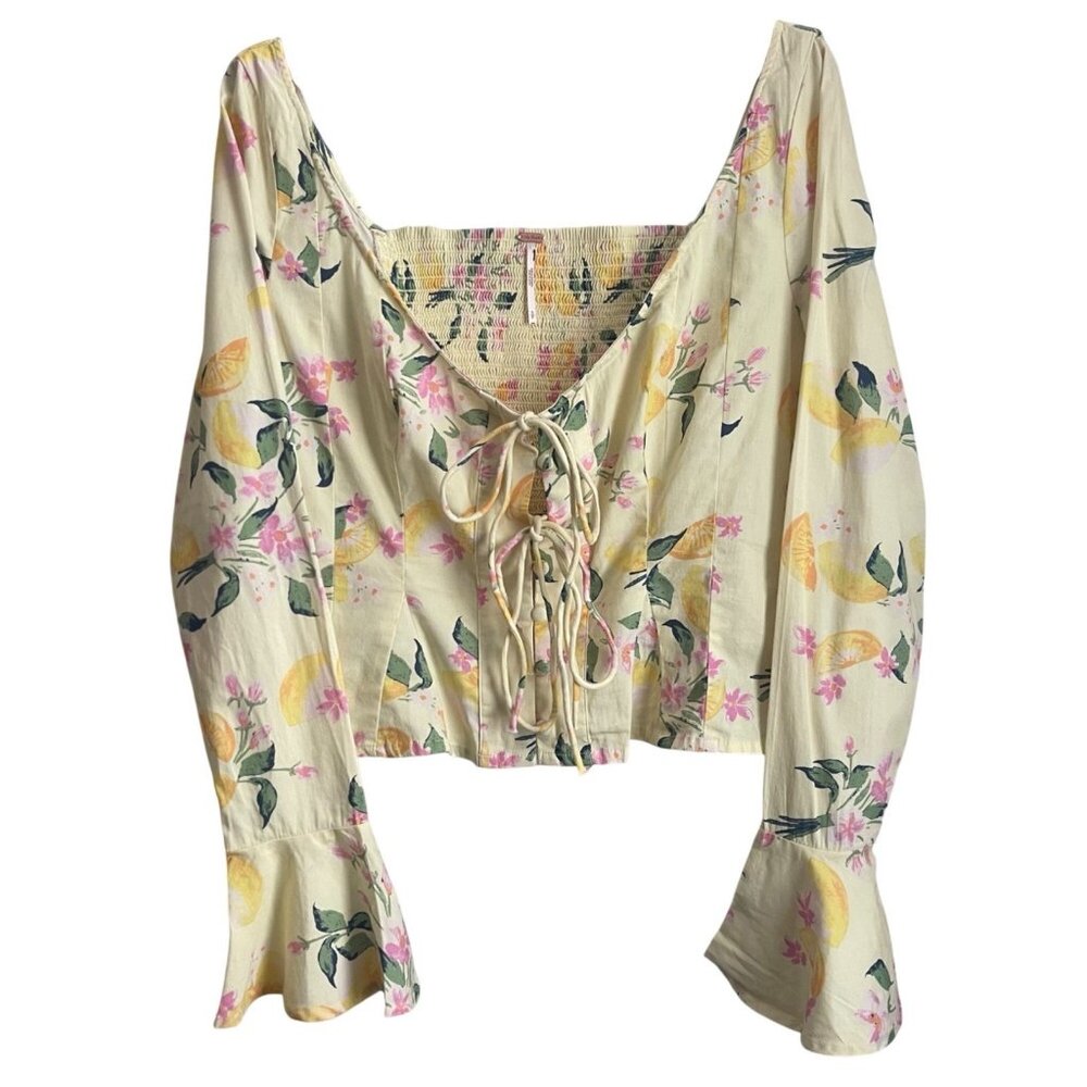 Free People Cottagecore Lemon Floral Lace Up Blouse Size S Peasant Coquette Boho